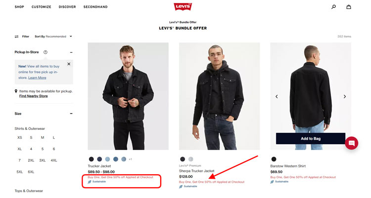 Detailed CTAs in the Levi’s online store