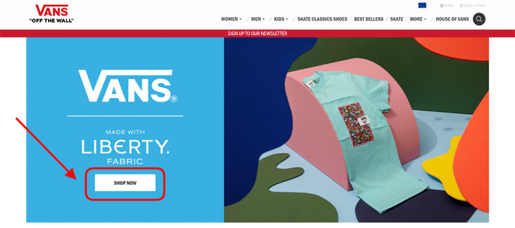“Shop Now” CTA on the VANS homepage
