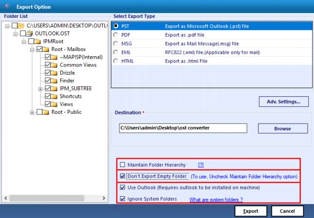 Select the PST radio button and navigate