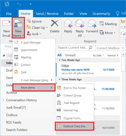 Choose Outlook Data File