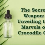 Skin serum in transparent bottle on green background with palm leaf and copy space. Concept of anti aging or anti acne organic, natural skin treatment for glowing, young looking and healthy skin