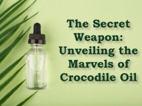 Skin serum in transparent bottle on green background with palm leaf and copy space. Concept of anti aging or anti acne organic, natural skin treatment for glowing, young looking and healthy skin